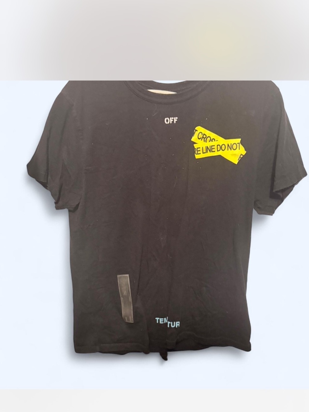 Off-White Black Tee with Yellow 'Do Not Cross' Tape Graphic